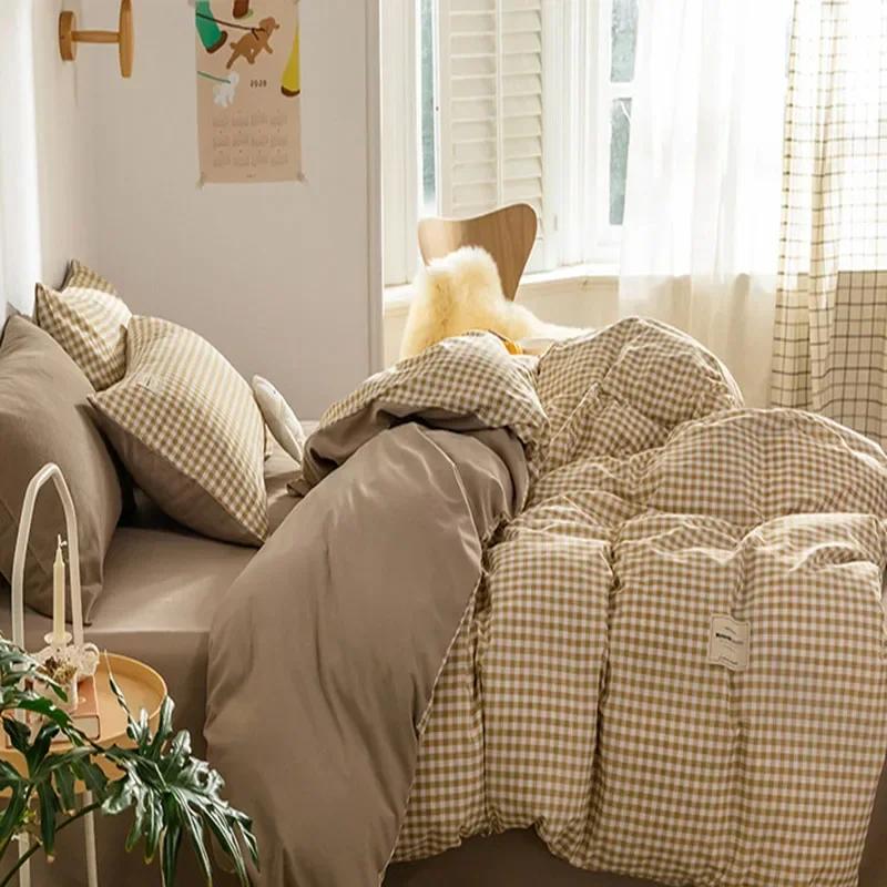 Japanese Grid Printed Washed Bedding Set Skin-Friendly Breathable Quilt Cover Sets for All Seasons Queen King Size Bedclothes