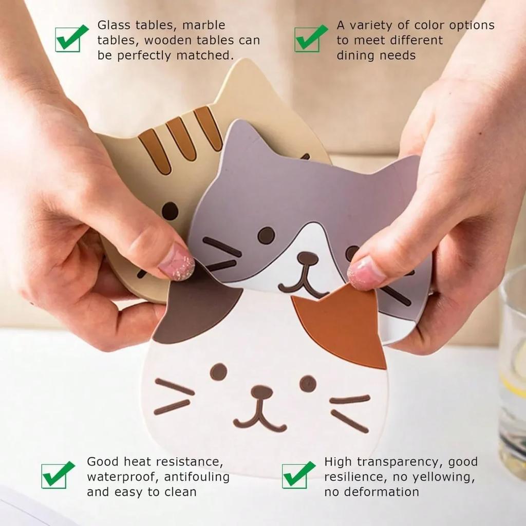 Cute Cat Cup Coasters Reusable Silicone Drink Coasters Non Slip Washable Heat Resistant Glass Cup Rubber Pad Mat Novelty