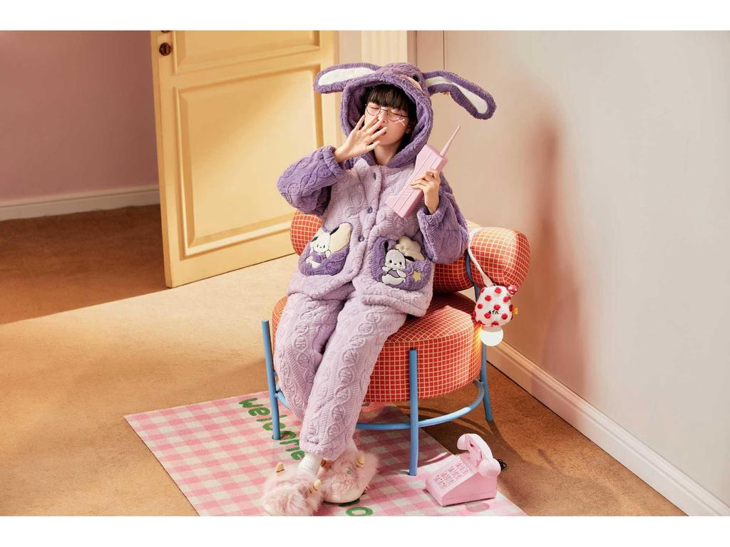Girls' Kuromi Quilted Fleece Pajamas - Thick, Cute Autumn/Winter Home Wear (2025)