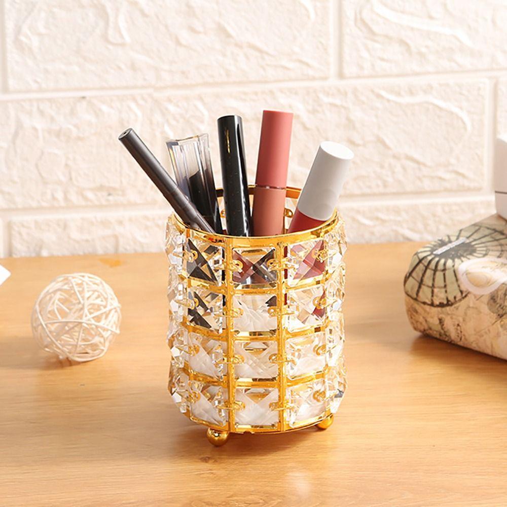 Metal+Crystal Pen Holder Desktop Organization Desktop Storage Bucket Luxury Makeup Brush Holder