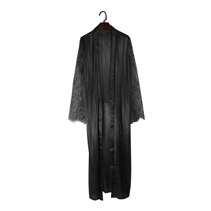 Women Lace Stitching Long Bathrobes Nightgown Soft Silk Dressing Gown Bath Robe Large Size Sexy Pajamas