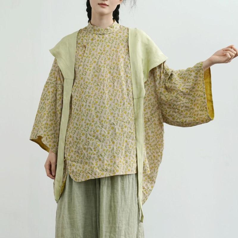 Johnature Damen Hemden im chinesischen Stil Stehkragen Siebenärmel Druck Blumen Blusen Sommer Knopf Vintage Hemden
