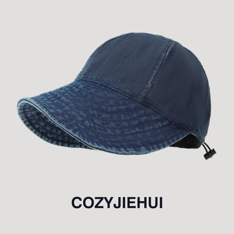 Retro ladies washed denim bucket hat cap big eaves UV protection plain face covering fisherman hat