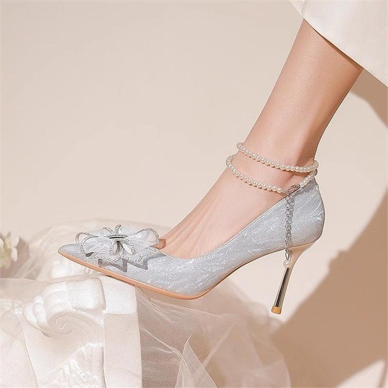 High heels women's 2024 summer new pointed bow rhinestone high-end silver wedding shoes thin heel light mouth single shoes