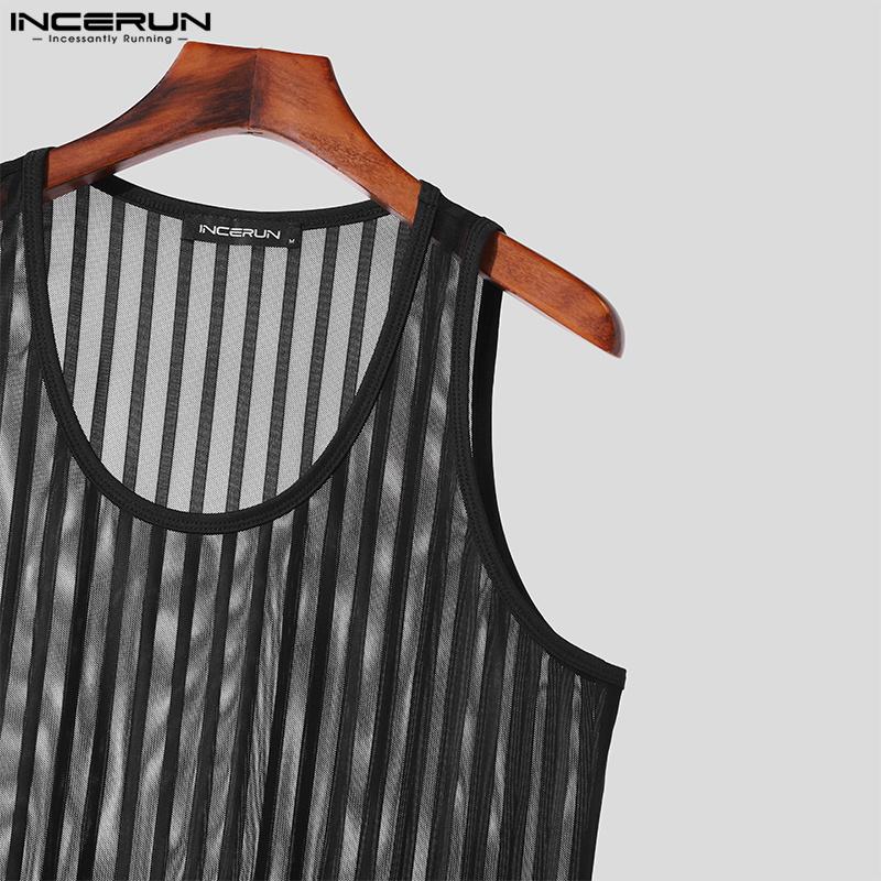 INCERUN Men Sleeveless See Through Vest Mesh Striped Tank Tops