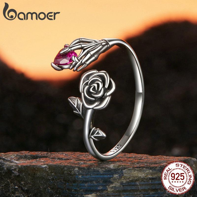 BAMOER 925 Sterling Silver Rose Skeleton Hand Opening Ring Cubic Zirconia Vintage Ring Oxidized silver For Women Fine Jewelry