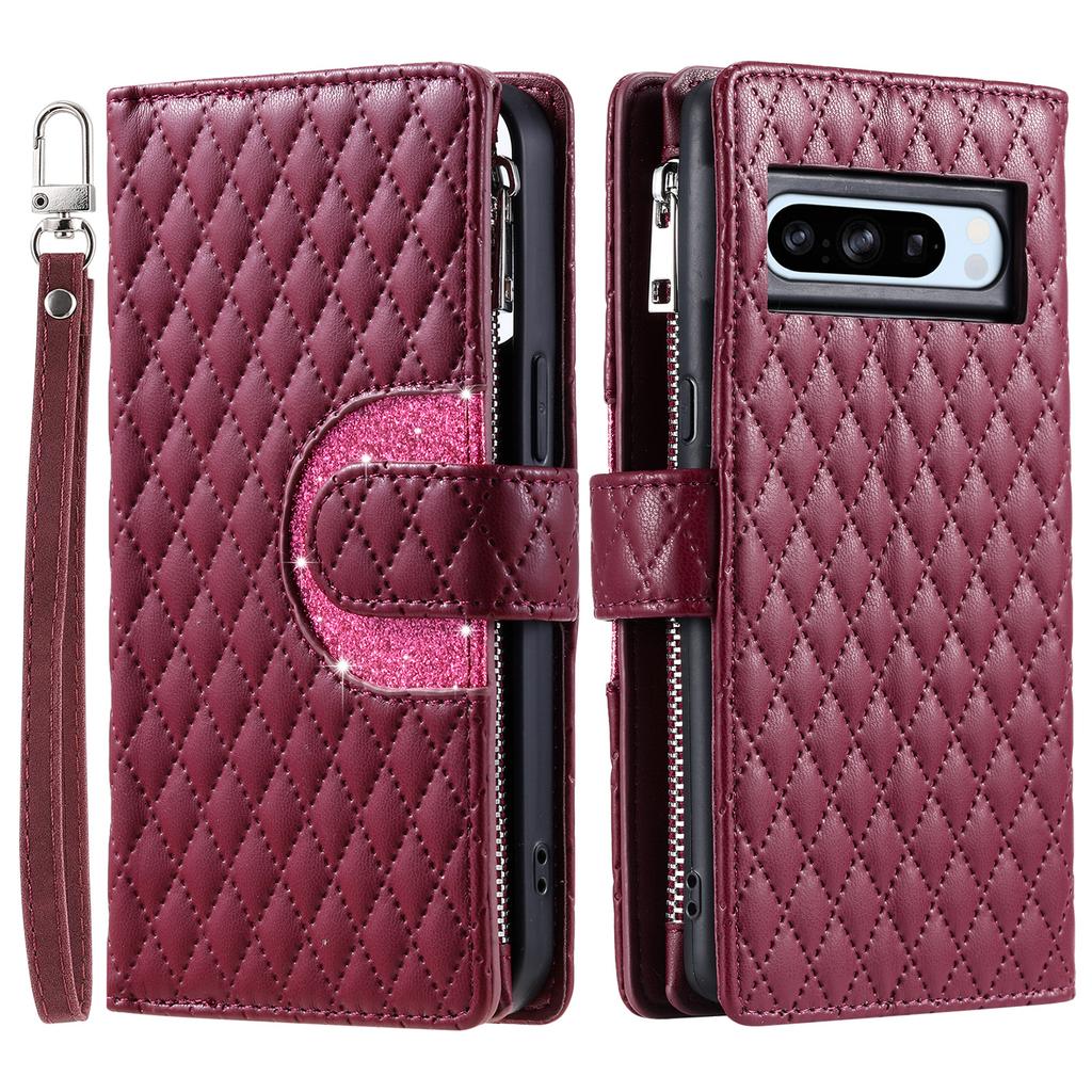 Checkered Glitter Crossbody Leather Zipper Wallet Cards Solt Case for Google Pixel 9 Pro 8A 8 7A 7 6A 6 Lanyard Flip Book Cover