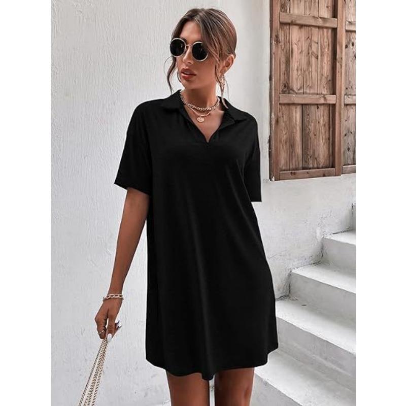 YYFS Women's Fashion Summer Spring Solid Color Print Short Sleeve POLO Neck Loose Waistline Casual Dresses