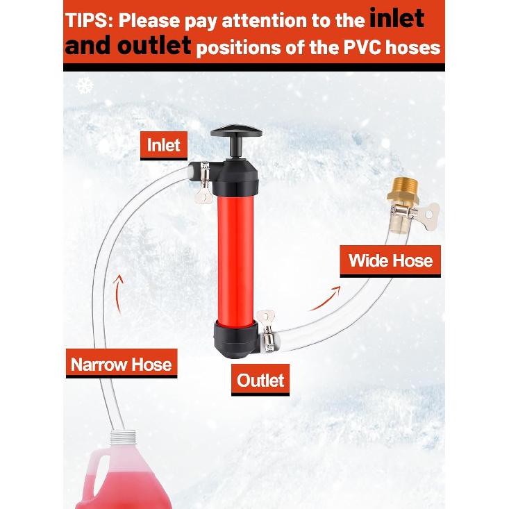MADHOLLY Hand Fuel Pump With 3 Leakproof Clamps - RV Essentials Winterizing Kit, Antifreeze/Gas/Oil Transfer Siphon Pump
