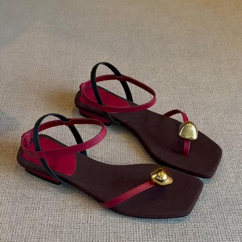 

Sheepskin temperament square head metal buckle toe sandals women s summer simple word with open toes wear cool slippers 35