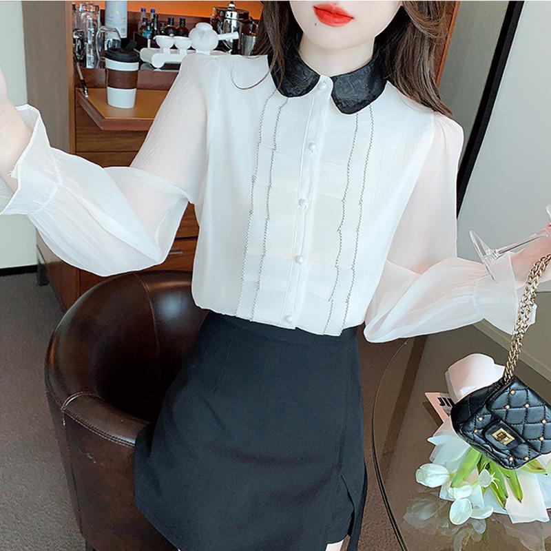 New 2024 Fashion Autumn Long Sleeve Doll Collar Casual Apricot Chiffon Blouse Shirt Women Tops Blouses Shirts J504