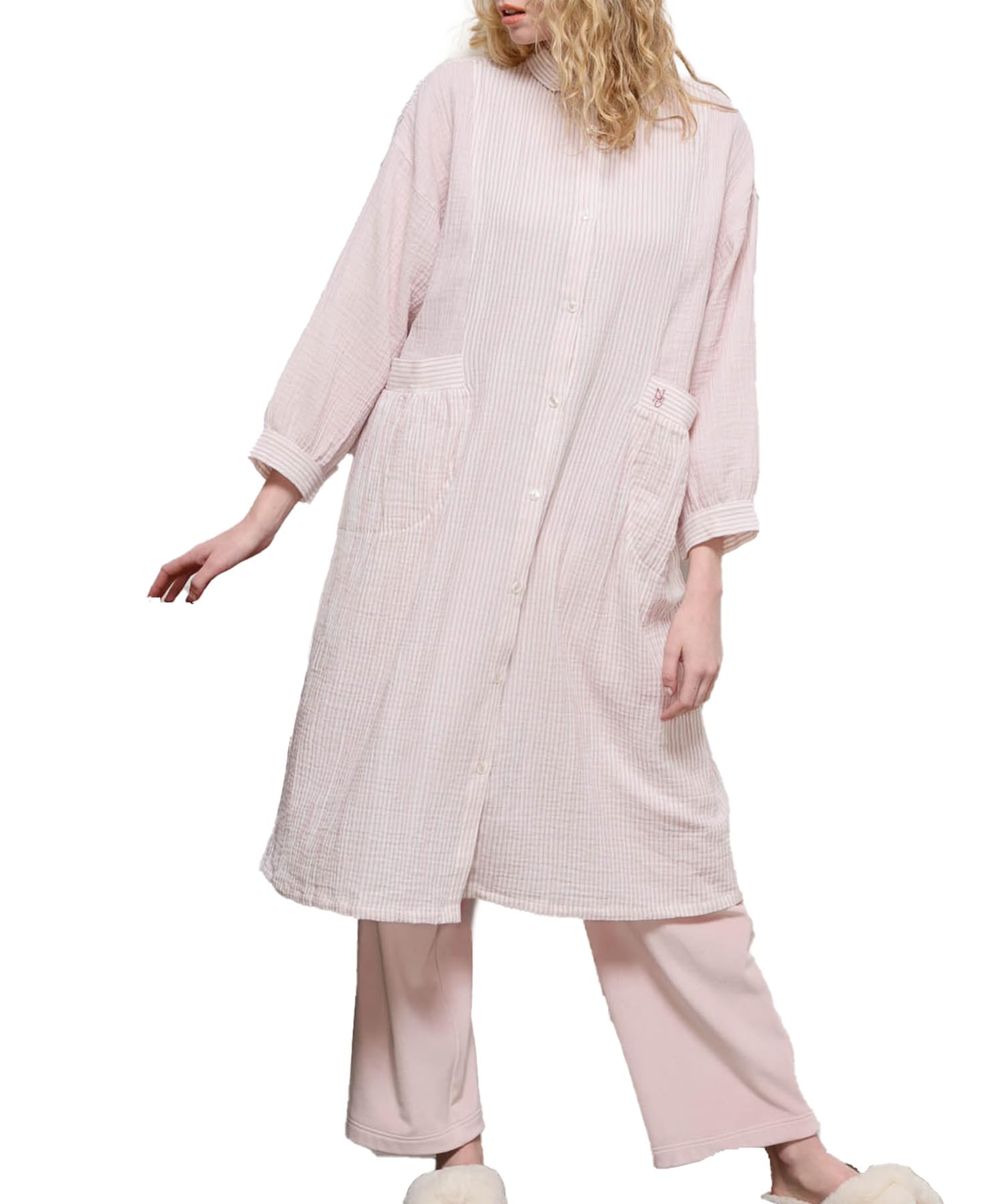 

Платье для комнаты, ночная рубашка, кремовое, газовое, полосатое платье, розовое [Narue] / женское