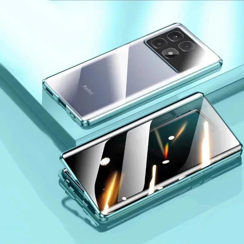 Metal Phone Case Double Sided Temper Glass For Redmi 14 13 12 Pro Plus 5G Lens Protect Anti Peeping Spy Privacy Cover Cases