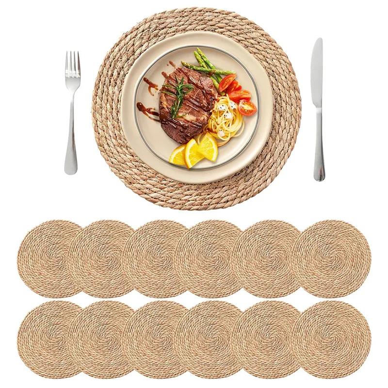 4/8/12Pcs Round Woven Placemats Set Boho Rattan Placemat Natural Placemats 12Inch Farmhouse Weave Straw Braided Table Dinner Mat