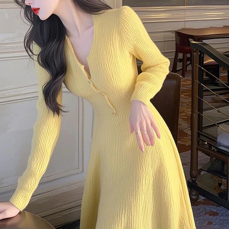 

Korean Elegant Yellow Knit Long-Sleeved Women s Dress for Autumn-Winter Large жёлтый