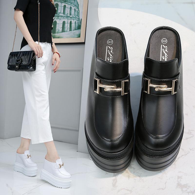 2025 New 13cm Fashion Inner Height Slope Heel Slippers Women's New Round Head Buckle Decorative Half Slippers ZYW-082-2
