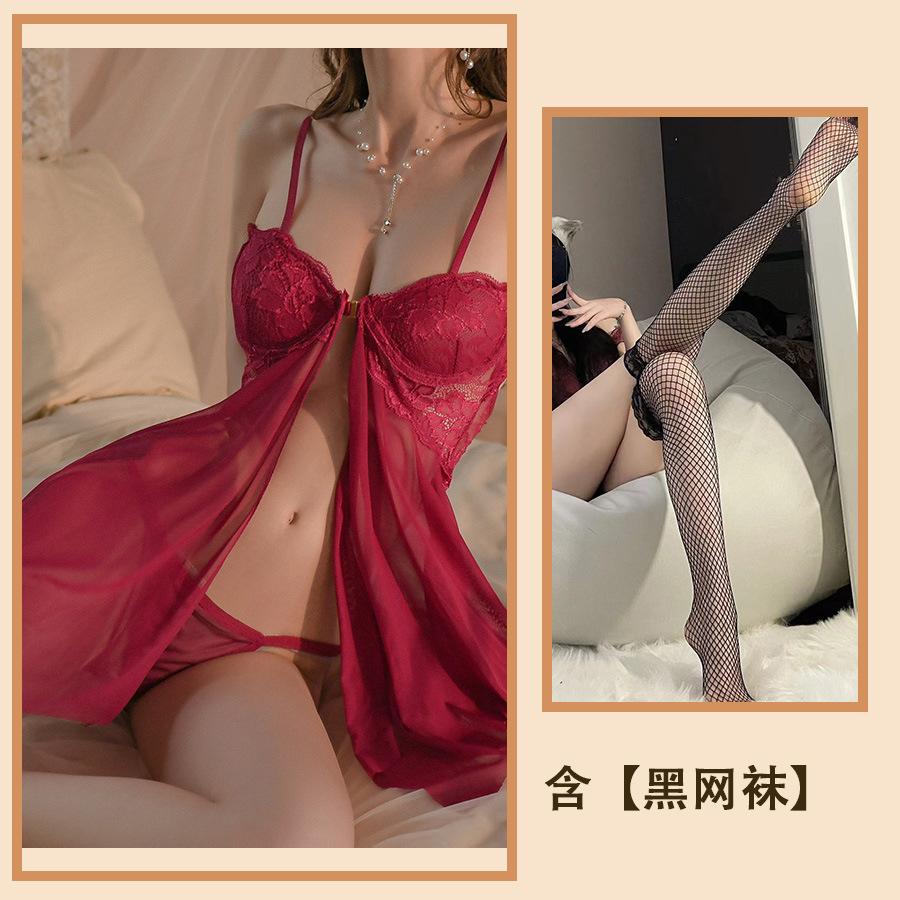 Sexy with Steel Tray Lace Seduction Pajamas Sexy Gathering Front Split Pajamas Women Hot Uniform Women
