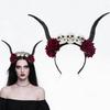 Skull Sheep Horn Hairband Halloween Red Rose Headband Flower Crown Ox Horns Headband  Festival Wear