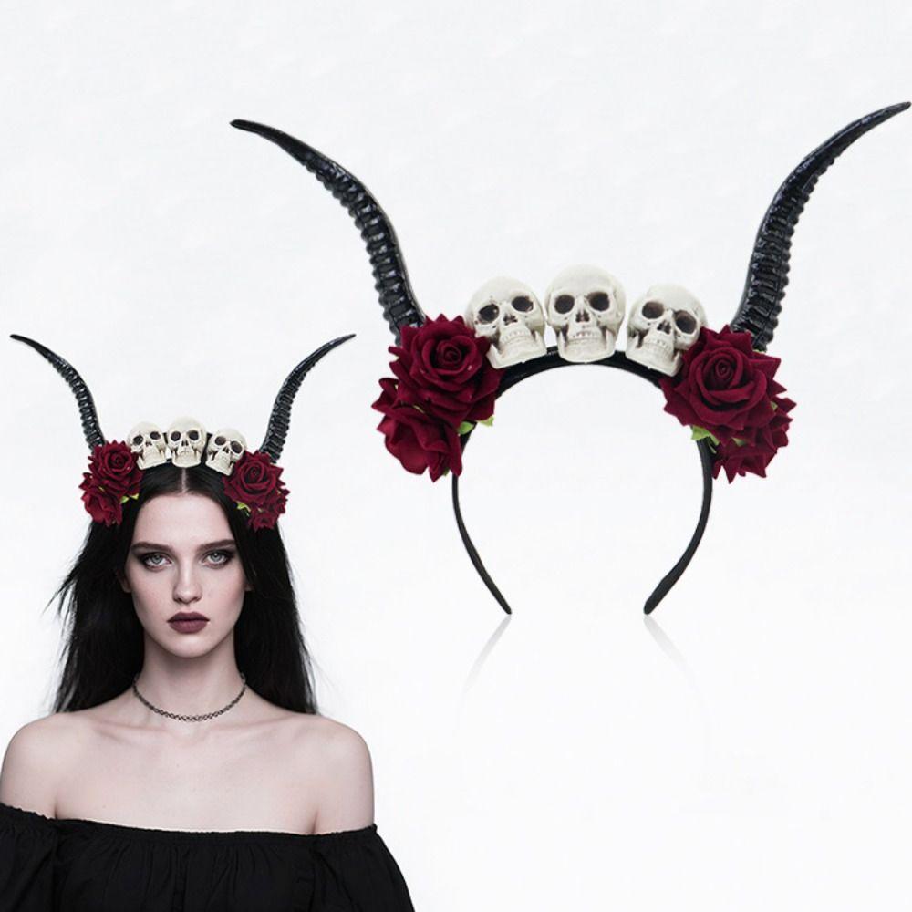 Skull Sheep Horn Hairband Halloween Red Rose Headband Flower Crown Ox Horns Headband  Festival Wear