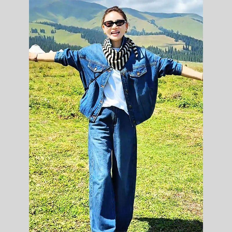 

2026 Early Spring New Style, a Complete Set of Hong Kong-Style Retro High-End Cool and Elegant Denim Jacket and Pants Two-Piece Set Blue Jacket S