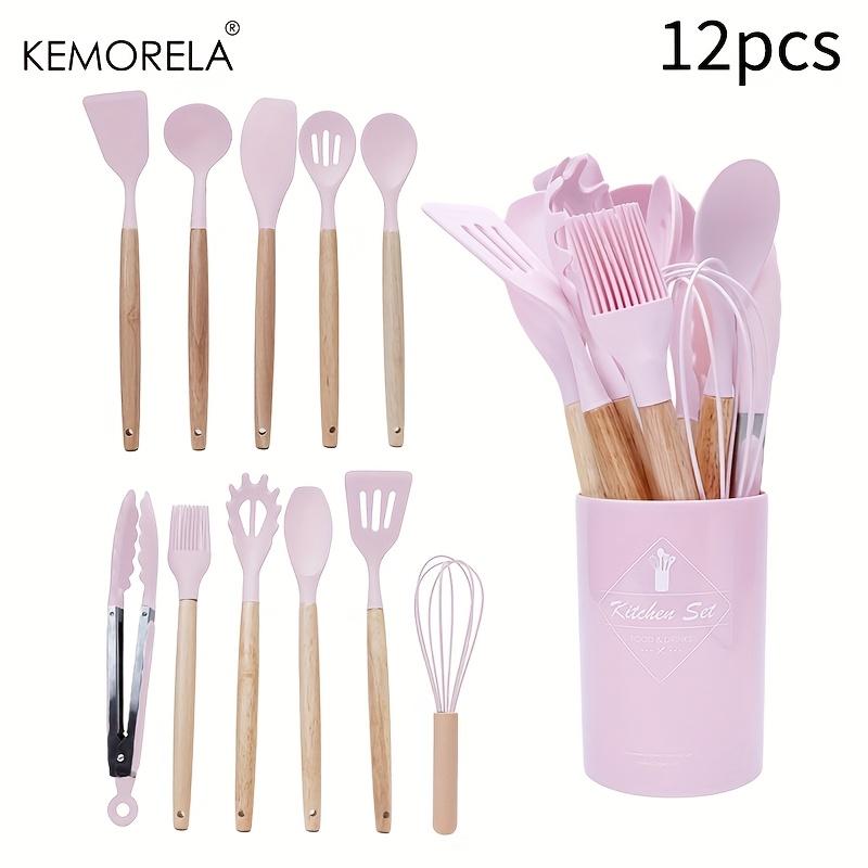 12PCS Silicone Kitchen Utensil Set with Wooden Handles Include Spatula, Spoon, Whisk, Whisking Pad, Heat Resistant, Durable