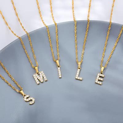 New English Letter Necklace Plated with Real Gold and Slightly Inlaid with Zircon Letter Pendant Stainless Steel Chain