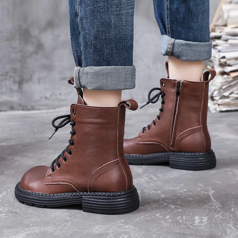 Women Genuine Leather Boots Chunky Platform Square Toe Side Zipper Ankle Boots For Women Winter Warm Lace-up Shoes