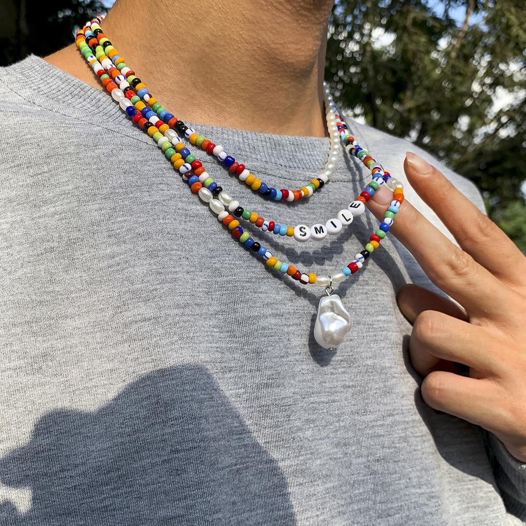 Bohemian Style Irregular Pearl Letter Multi-layer Combination Stacked Colorful Rice Bead Necklace for Men