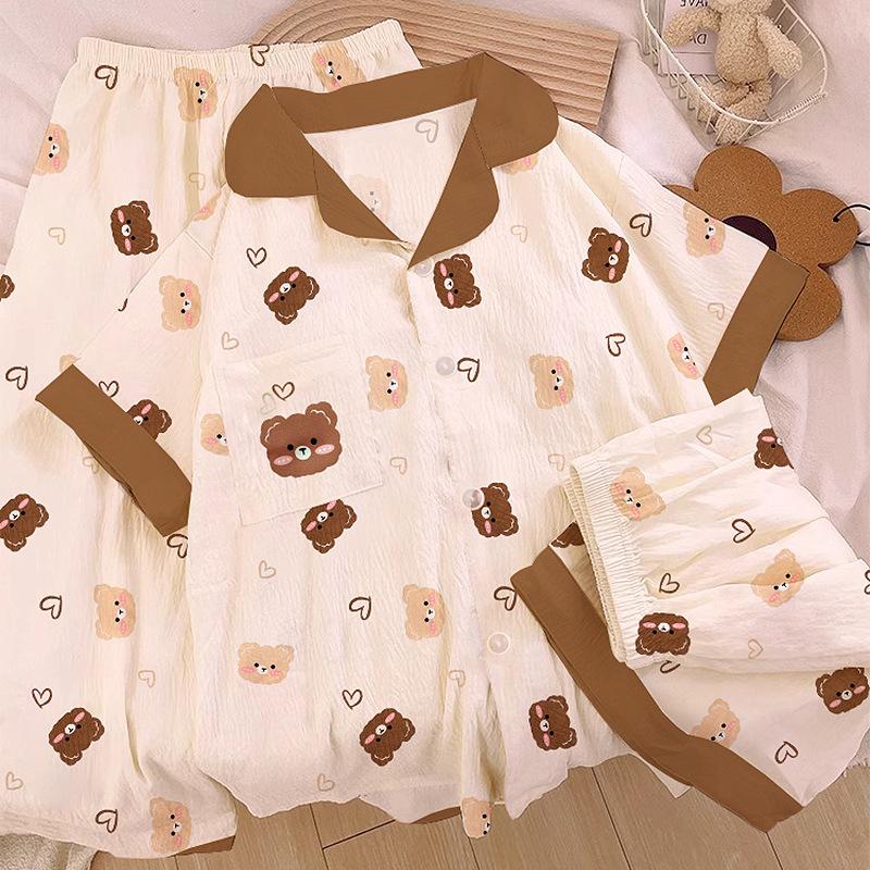 Cartoon Bear Mori Cloud Cotton Pajamas Women'S Summer Sweet Loungewear Short-Sleeved Three-Piece Set