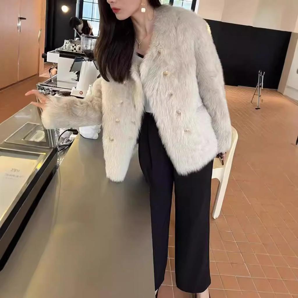Autumn and winter Toka imitation fox fur integrated coat women's imitation lamb wool double-breasted imitation fur thickened coat