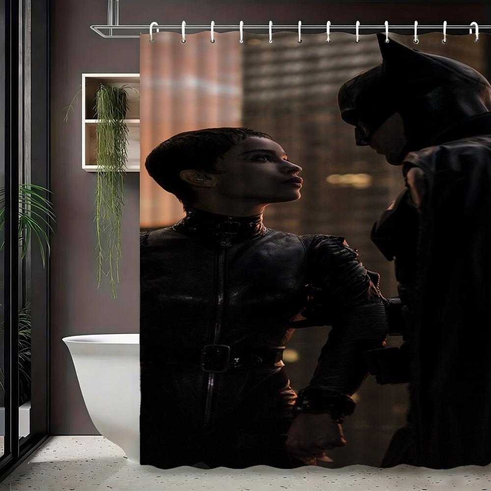 Batman & Harley Quinn Monochrome City Waterproof Shower Curtain, Superhero Bathroom Decor For Fans
