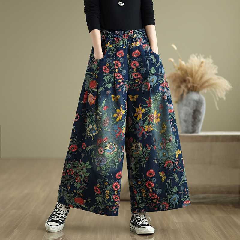 Spring Autumn Plus Size Women Floral Print Jeans High Waist Colorful Loose Denim Trousers Vintage Baggy  Wide Leg Pants with Pockets