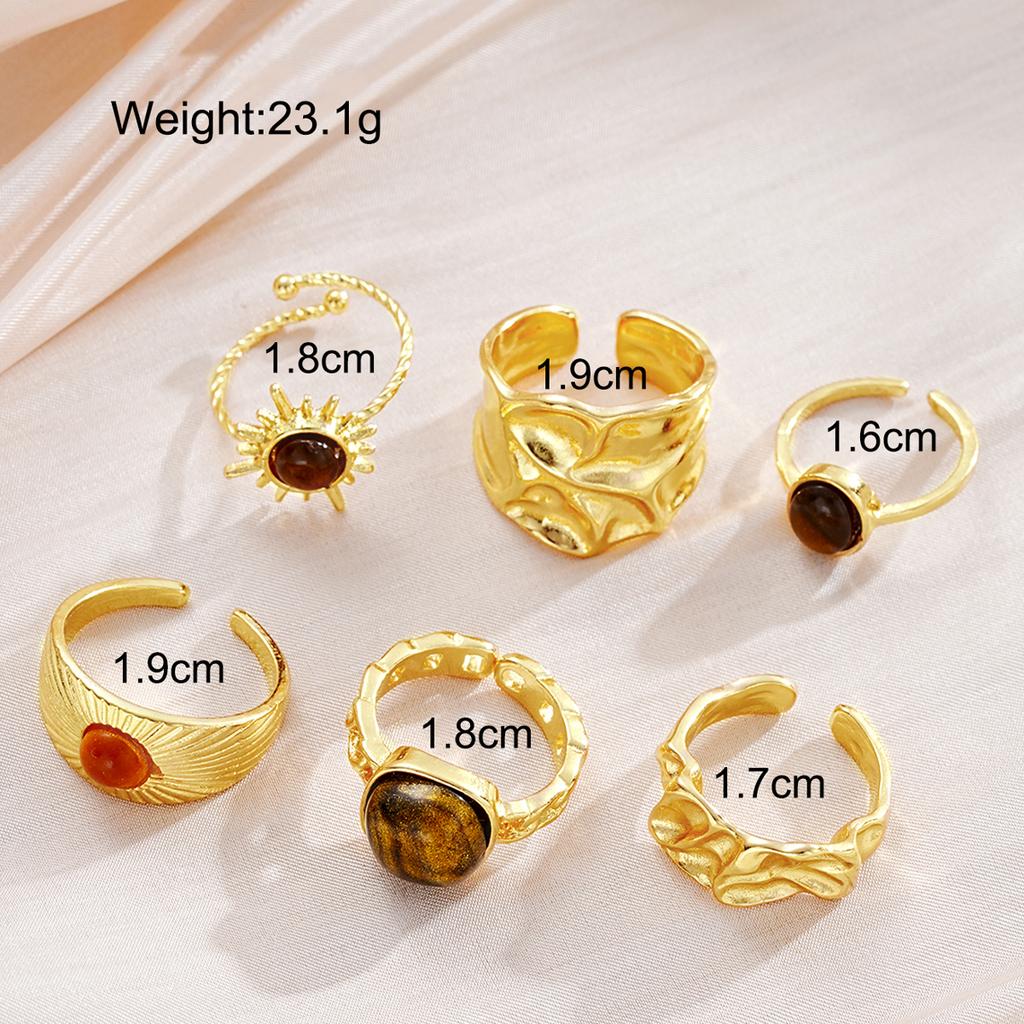 6Pcs/Set Vintage Sun Flower Tiger Eye Stone Rings for Women Irregular Gold Color Aesthetic Open Rings Fashion Jewelry Gifts
