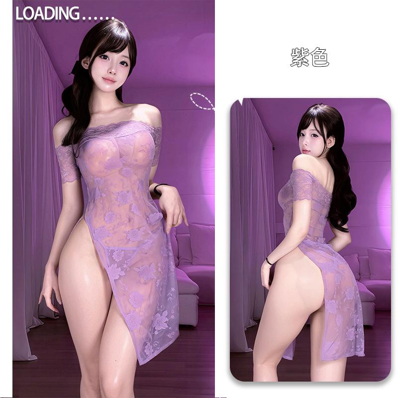 Large size erotic underwear rose one-word collar perspective cheongsam sexy woman pure desire to show buttocks without temptation H