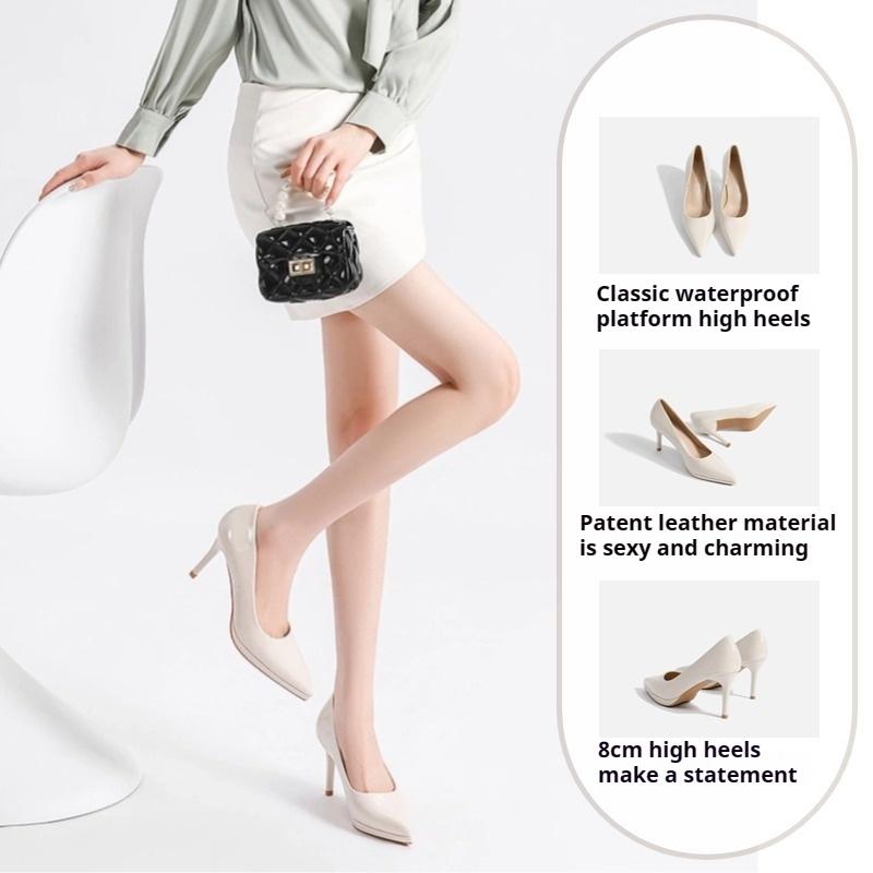Waterproof Platform High Heels Stiletto Pointed Toe Single Shoes Fashion Patent Leather Business Women's Shoes