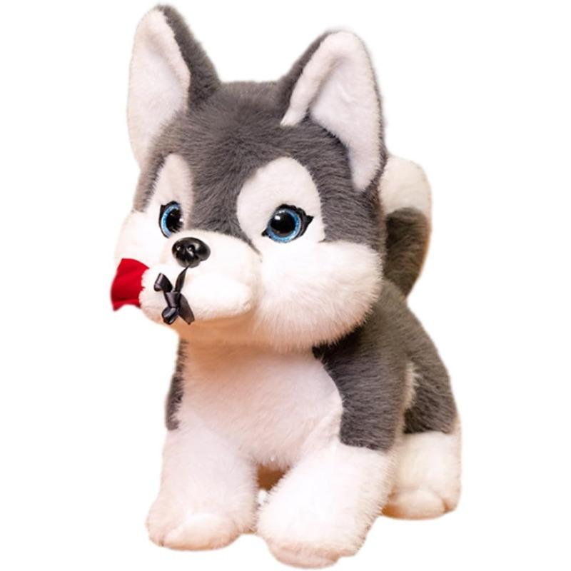 Husky Dog Plush Toy,Husky Puppy Doll,Cotton Husky Stuffed Animal Doll with Flower,Soft Cuddly Plush Hugging Pillow for Kid Gift Valentine's Day Gift