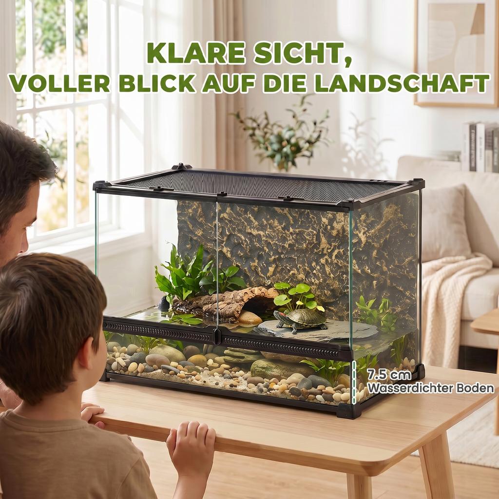 Reptile Glass Terrarium with Stone Background, Front Ventilation, Escape-Proof Knob Lock, 50 x 30 x 35 cm, Black