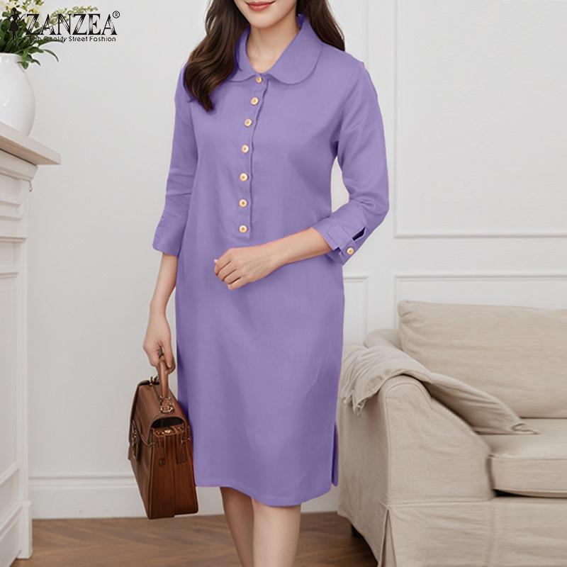 ZANZEA Rochie Casual de Vară pentru Femei cu Guler Revers și Mâneci 3/4