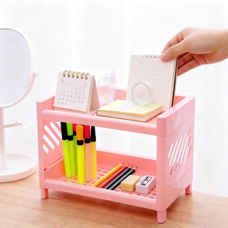 Office Desk Organizer, Double Layer Desktop Storage Rack for Stationery Supplies, Multifunctional Space Saving PP