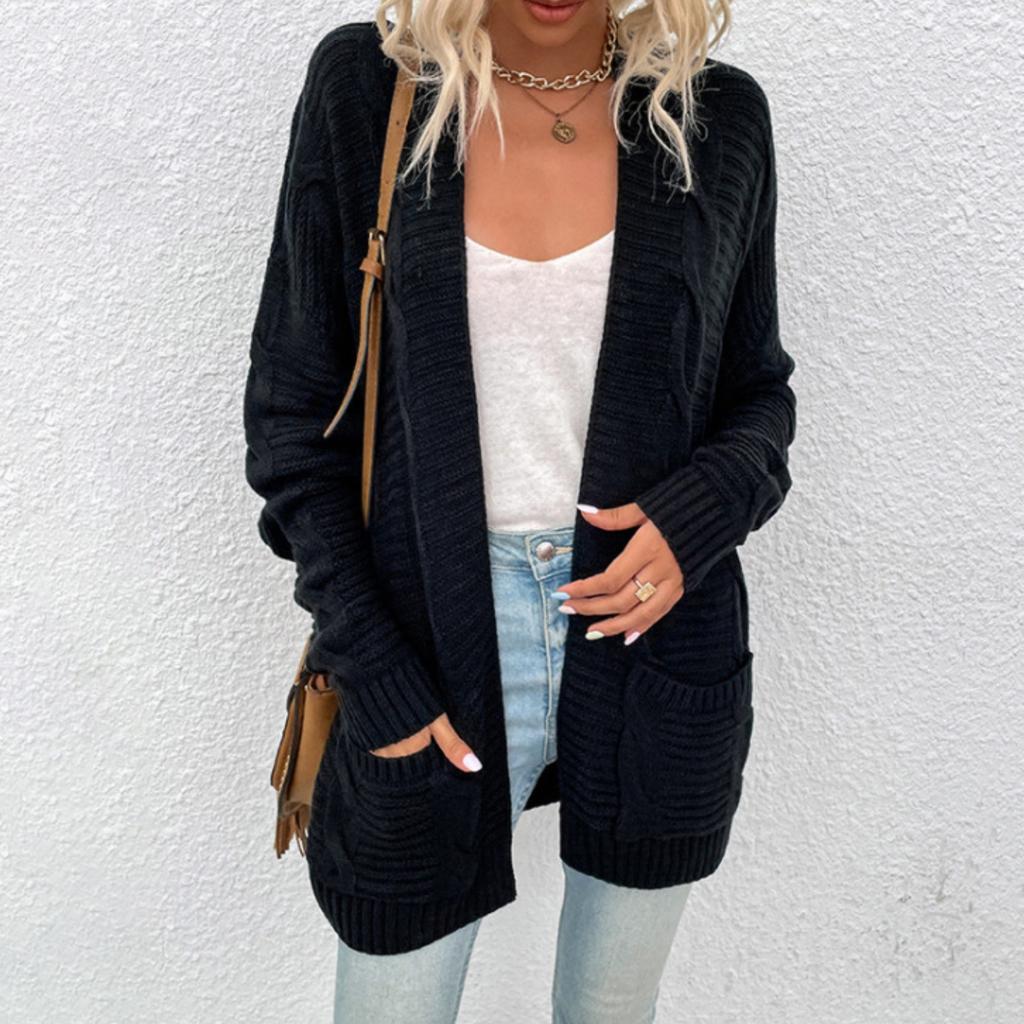 Fashionable Women's Knitted Cable Cardigan Sweater Mid-length Twisted Rope Cardigan Coat