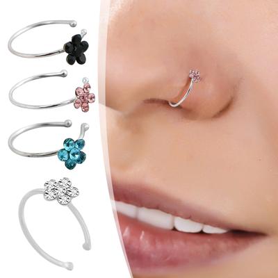 Small Thin Flower Clear Crystal Nose Ring Stud Hoop-Sparkly Crystal Nose Ring