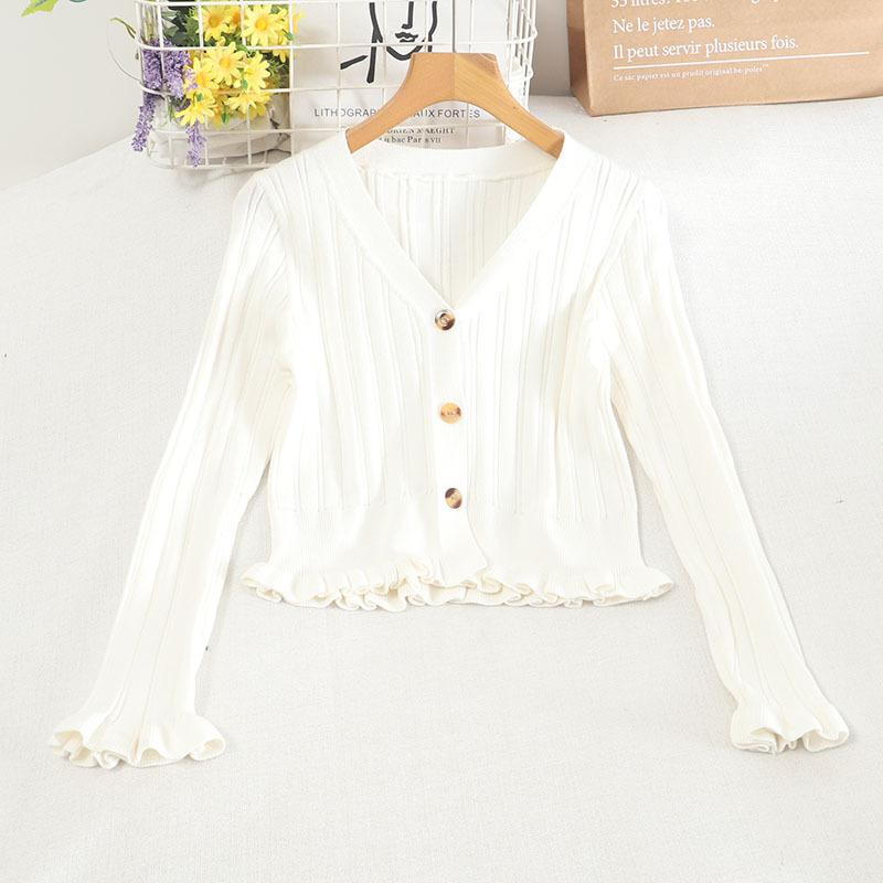 V Autumn Solid Neck Color Long Sleeve Cardigan Hem Neck Waist Fungus Edge Knit Sweater