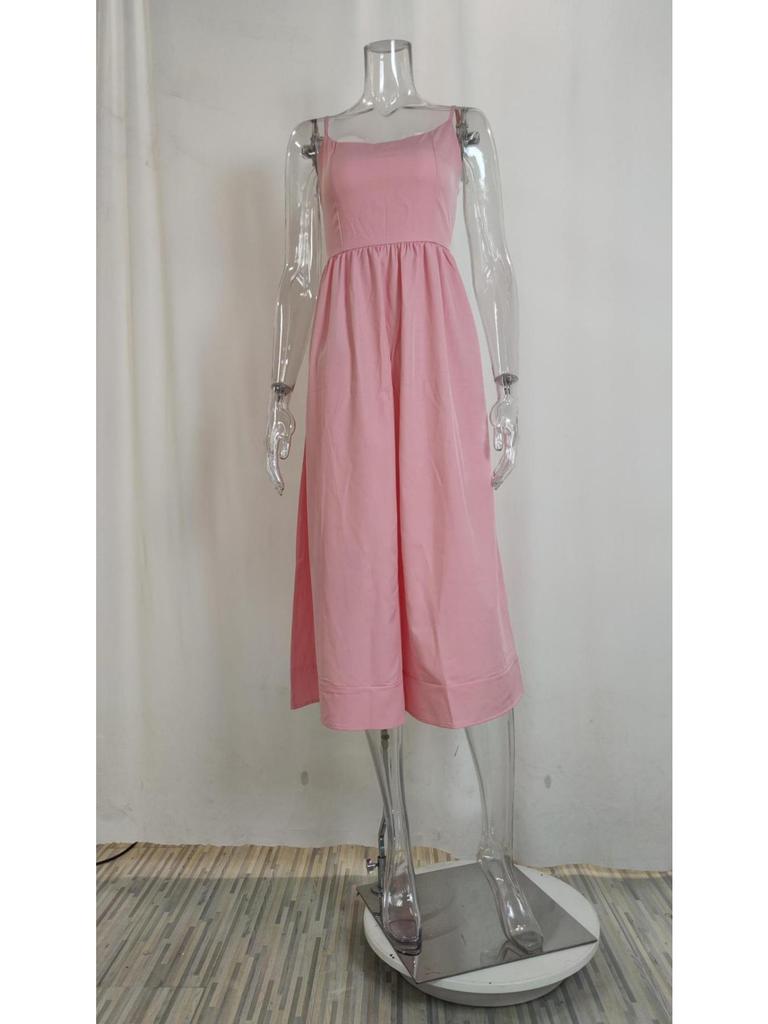 U Neck Solid Color Dress Waist Hugging Elegant Strap Dress for Women Sleeveless Loose Dresses Causal Dress