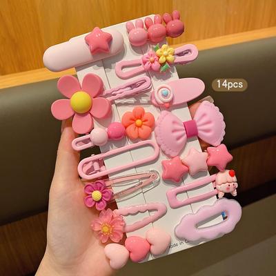 14 Pink Cartoon Cute Korean Style Hair Clips, Sweet and Fashionable Hair Accessories Suitable for Daily Use