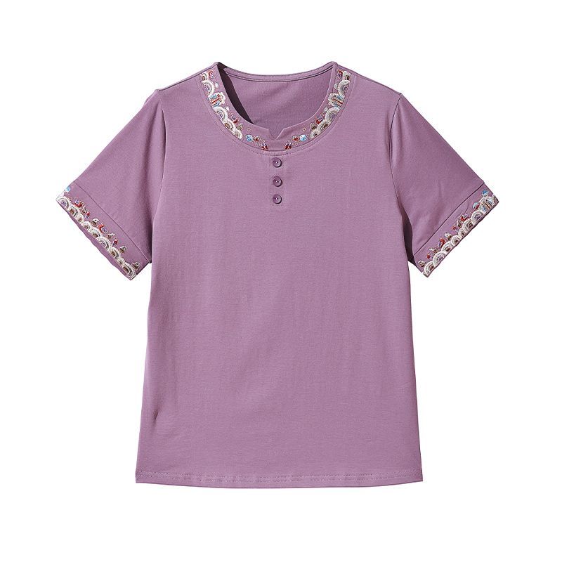 Women's Korean-Style Casual Solid Color Cotton Top Embroidered Loose Button Short-Sleeve T-Shirt