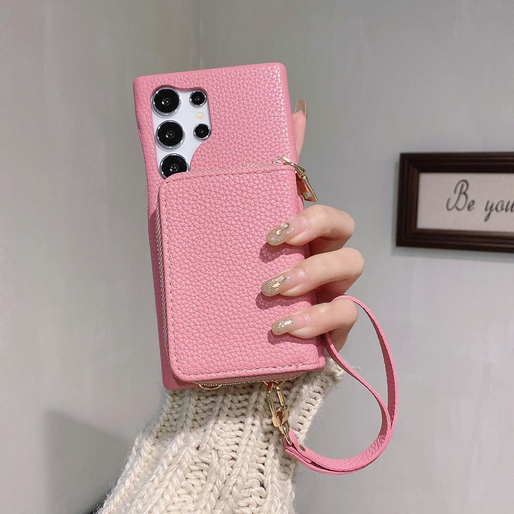 For Samsung Galaxy S25 Ultra Case Zipper Card Slots PU Leather Phone Back Cover with Wrist Strap