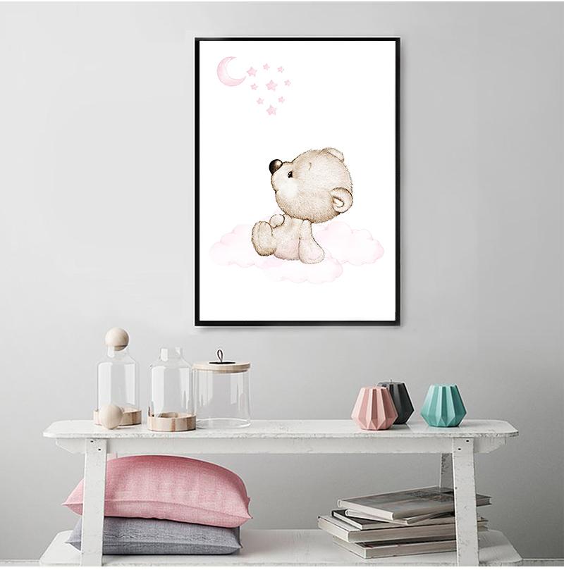 Pink Bear Moon Star Child Nursery Print Cartoon Animal Wall Art Canvas Painting Nordic Kid Baby Room Decoration Picture No Frame
