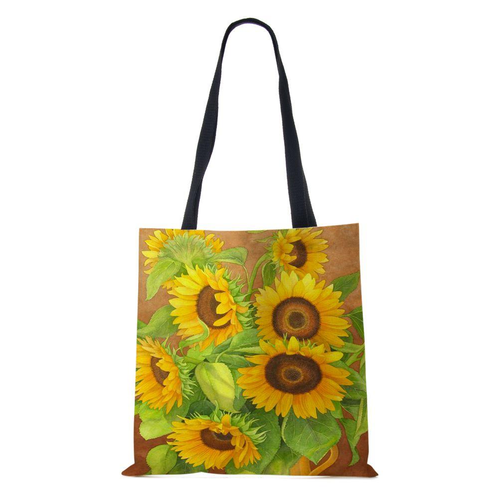 Sunflower Flowers Women Shoulder Bag Shopper Canvas Casual Grocery Handbag 2022 Print Painting Vintage Large Capacity Tote Books