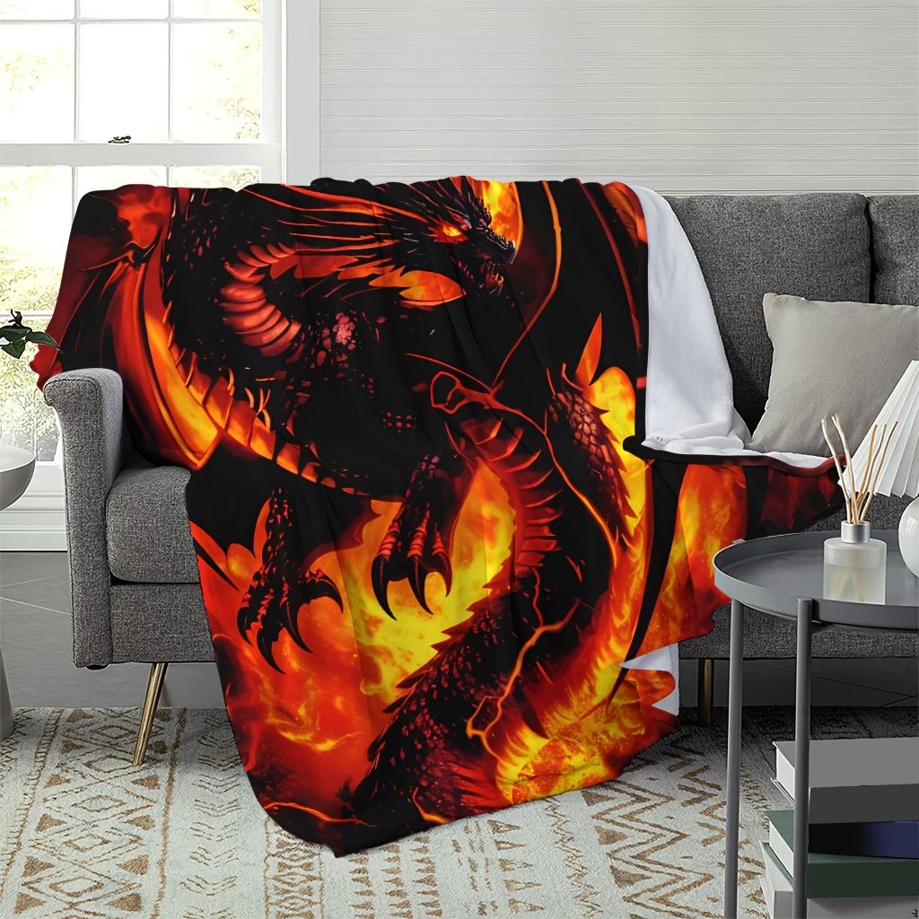 Flame Dragon Flannel Blanket – Soft Breathable Polyester – Vibrant Red Orange Throw – All-Season Cozy Decor