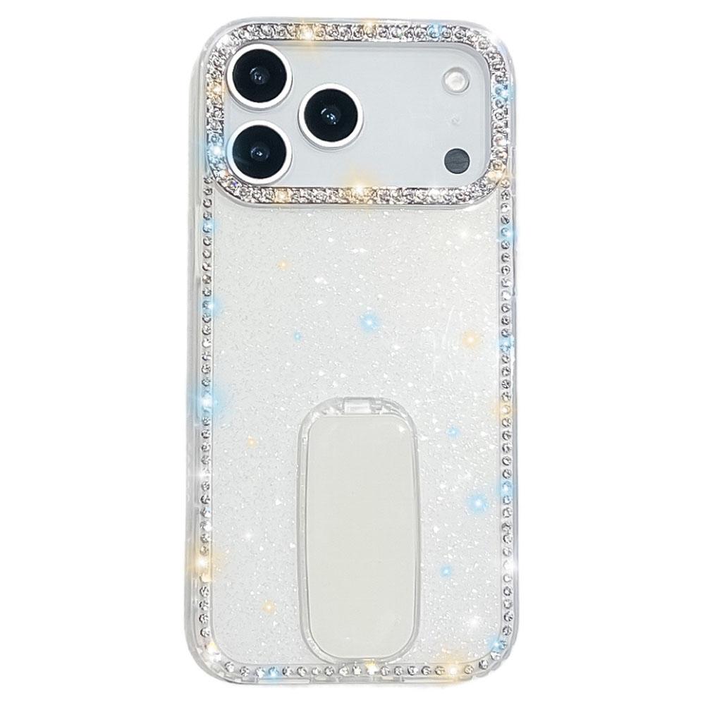 

For iPhone 17 Pro Max Case with Straight Mirror Kickstand Rhinestone Edge TPU+PC IMD Phone Cover Glitter White